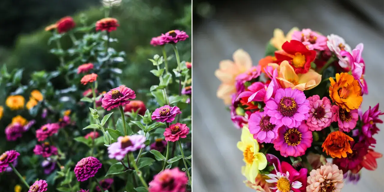 En bukett med färgglada zinnia elegans blommor, med rosa, orange, gula och röda nyanser. Till vänster syns en rabatt med fler zinnia.