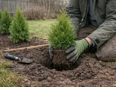 En person planterar en liten ceder i Sverige. Trädet har en fin rotklump och är redo att växa.