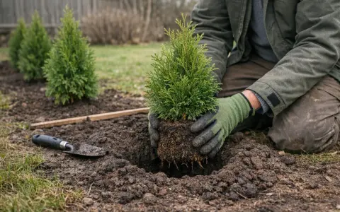 En person planterar en liten ceder i Sverige. Trädet har en fin rotklump och är redo att växa.
