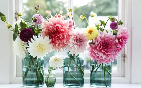 Vaser med dahlia inomhus, i nyanser av rosa, vitt, lila och gult, står på en fönsterbräda.