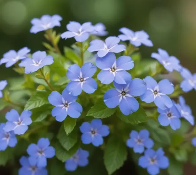 En klunga av små, ljusblå blommor med mörkare mitt. Dessa blyblomma sticklingar är redo att planteras för att skapa en vacker rabatt.
