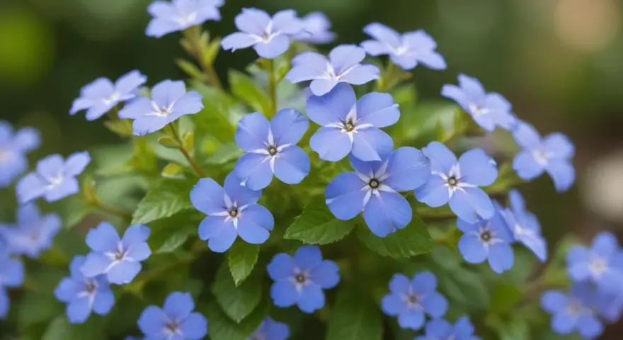 En klunga av små, ljusblå blommor med mörkare mitt. Dessa blyblomma sticklingar är redo att planteras för att skapa en vacker rabatt.