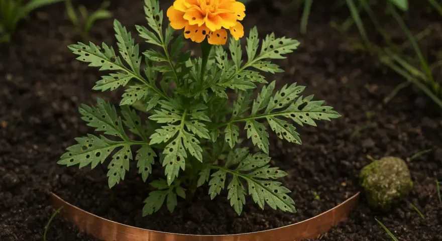 En ensam, gul tagetes med hål i bladen, omgiven av mörk jord och en kopparkant. Ett tecken på att det är dags att odla tagetes.