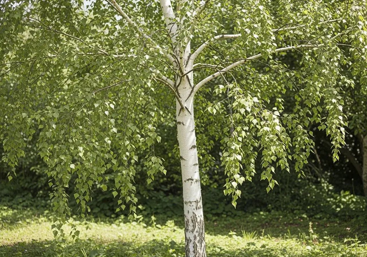 En vit björkstam med hängande gröna blad. Trädet står i en lummig björkhäck, med solljus som silar ner.