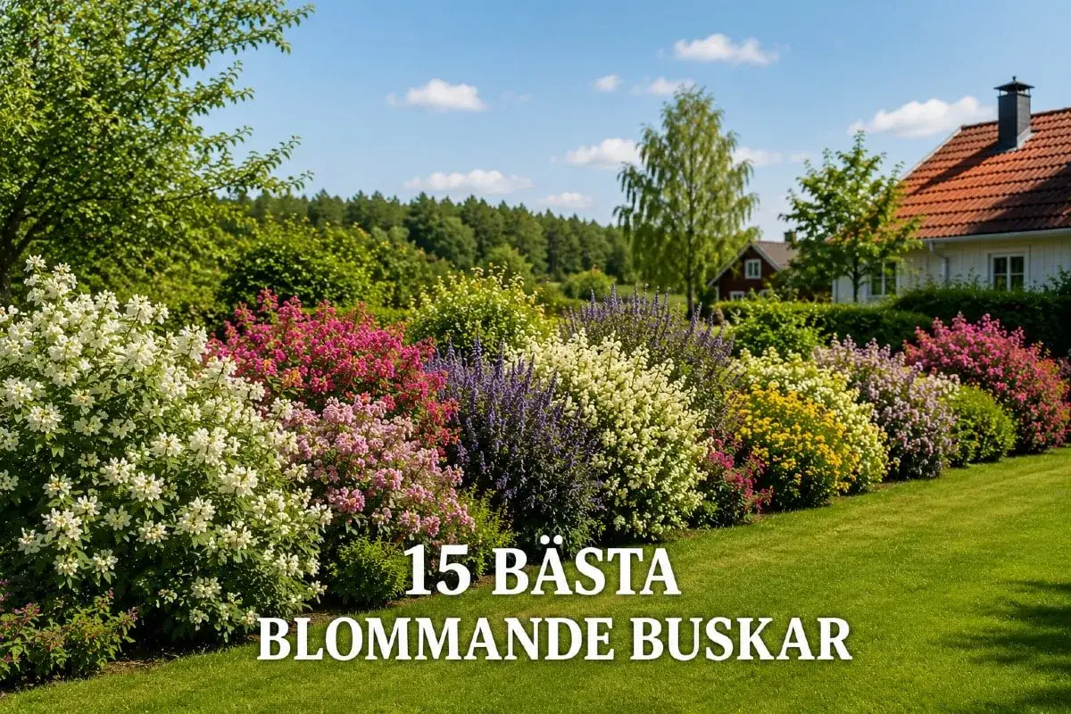 En vacker tr&auml;dg&aring;rd med en rad av blommande buskar i olika f&auml;rger, fr&aring;n vitt och rosa till lila och gult.