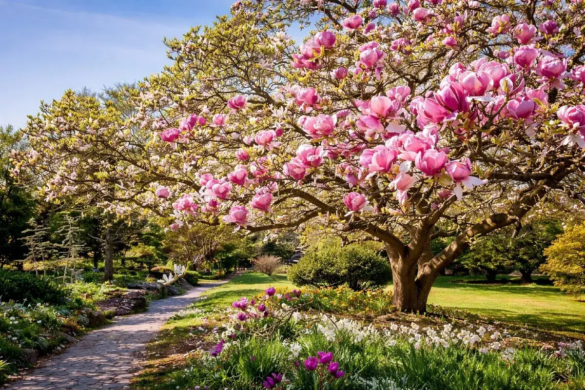 En magnoliatr&auml;d i full blom med rosa blommor, en stenlagd g&aring;ng och en gr&ouml;nskande tr&auml;dg&aring;rd. En vacker magnolia sorter i sin fulla prakt.