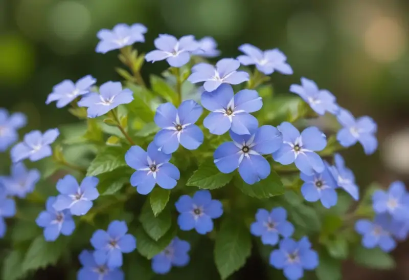 En klunga av små, ljusblå blommor med mörkare mitt. Dessa blyblomma sticklingar är redo att planteras för att skapa en vacker rabatt.
